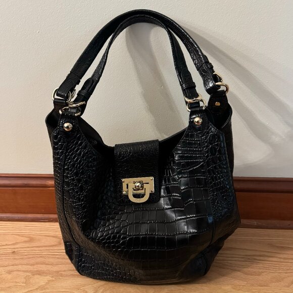 Dkny Handbags - NWT DKNY Black Crocodile Embossed Leather Hobo Bag